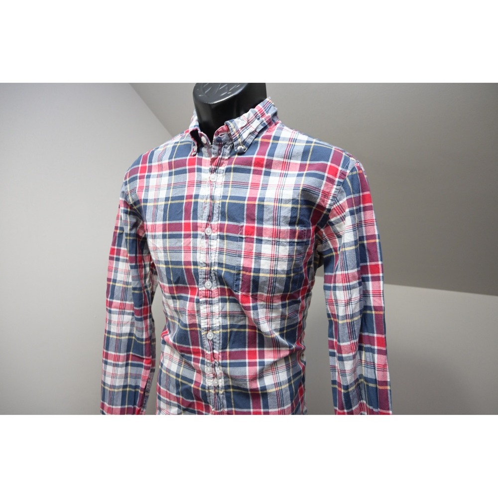 J.Crew Button Up Dress Shirt Mens Medium Red Blue Madras Plaid Excellent